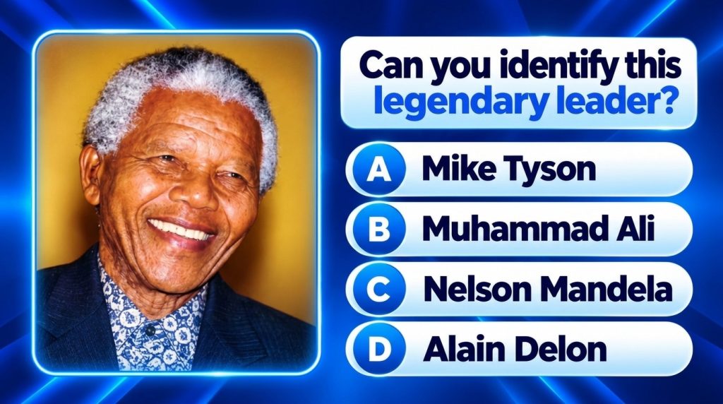 A portrait of Nelson Mandela smiling warmly set within a glowing blue-bordered frame with a quiz question below asking t