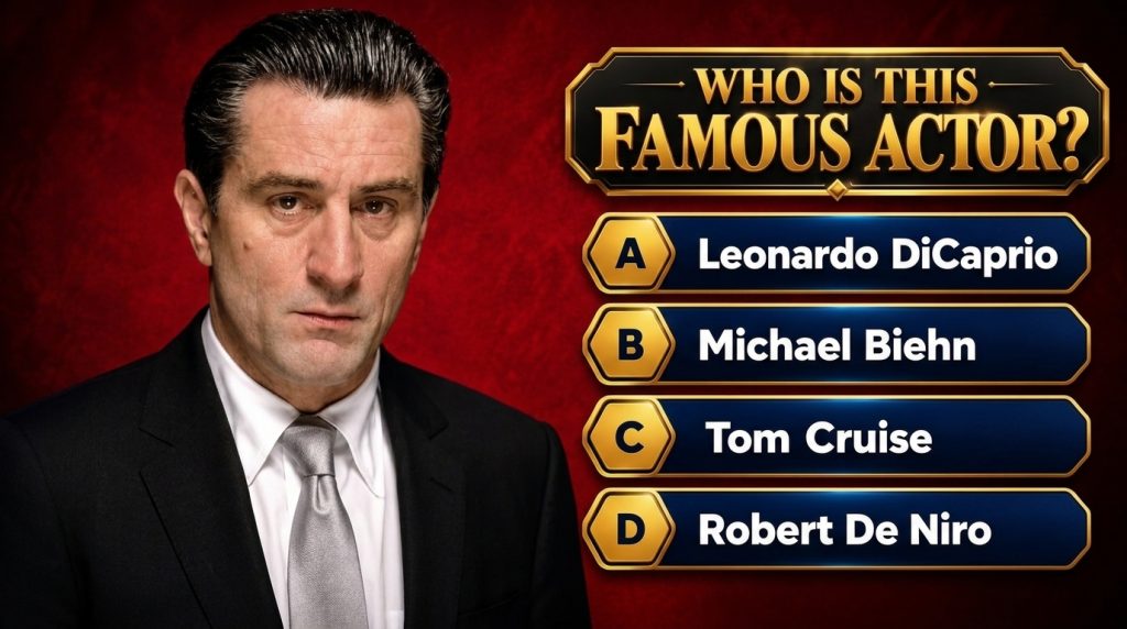 A headshot of actor Robert De Niro with a serious expression wearing a dark suit and light tie overlaid with a quiz aski