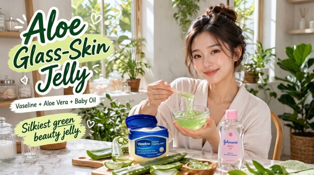 A smiling woman in a bathrobe holds a bowl of green aloe vera jelly and a wooden spatula with Vaseline Baby Oil and fres