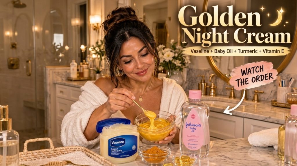 A smiling woman in a robe mixing a golden yellow cream in a glass bowl with a spoon On a marble counter Vaseline Johnson
