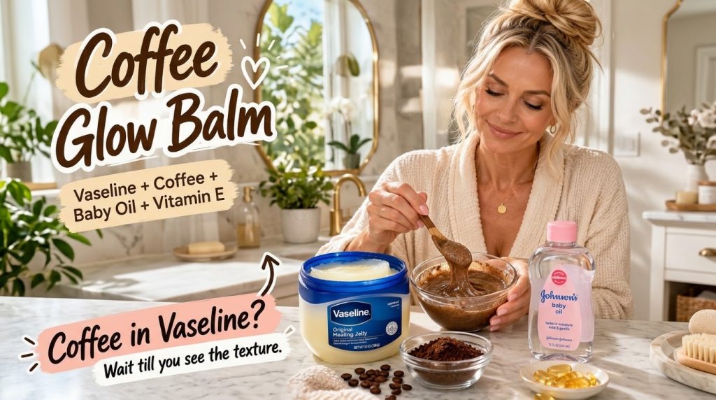A woman mixing a homemade coffee glow balm with ingredients like Vaseline ground coffee baby oil and vitamin E capsules 