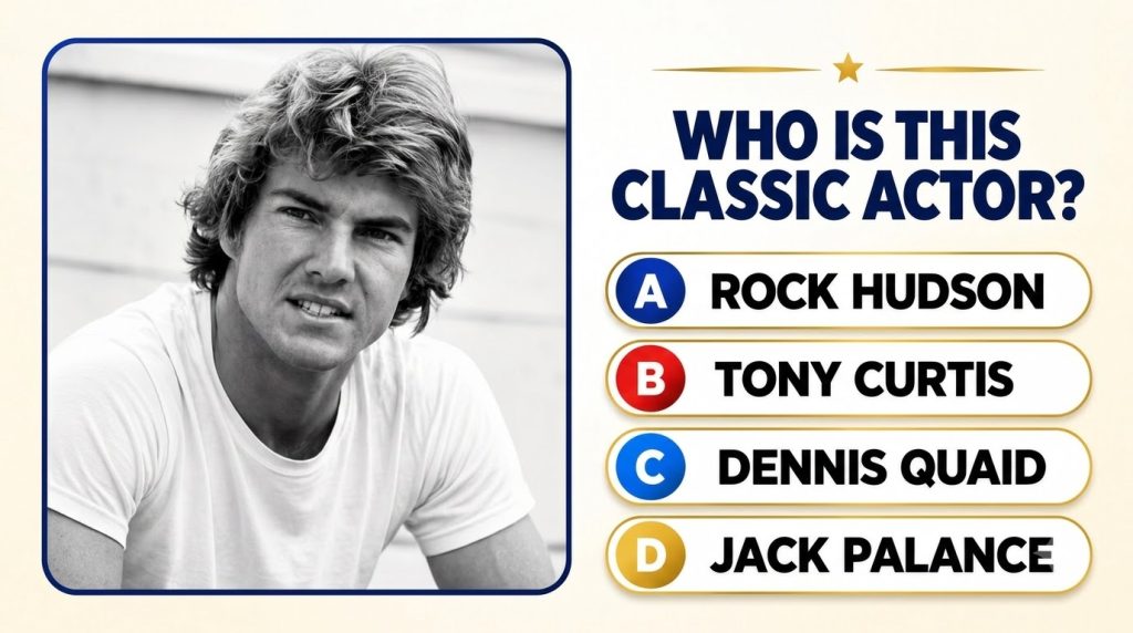 Black and white portrait of a young Dennis Quaid with curly hair smiling presented in a quiz format