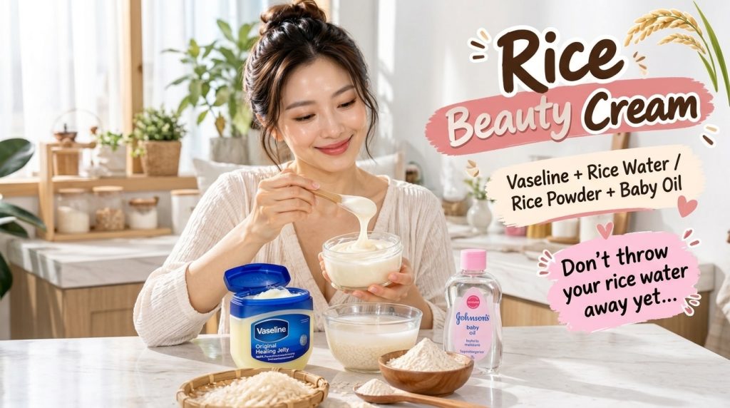 A woman holding a bowl of thick white rice beauty cream with a wooden spoon dripping cream On the table are key ingredie