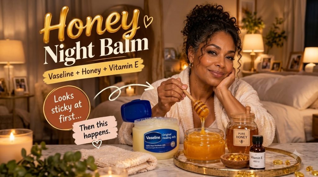 A woman in a cozy bathrobe smiles with a honey dipper dripping honey into a jar Surrounding it are jars of Vaseline pure
