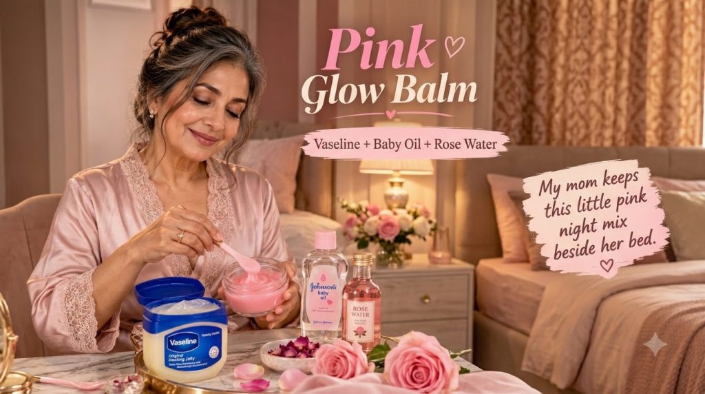 A smiling mature woman in a pink robe looking down as she mixes a pink balm in a glass jar Products like Vaseline Johnso
