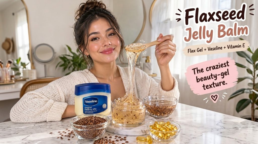 A smiling woman holding a wooden spoon from which viscous flaxseed gel stretches into a glass jar with flaxseeds Vaselin