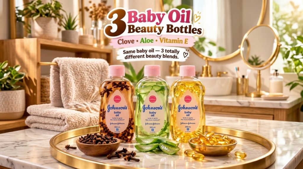 Three Johnson s Baby Oil bottles on a marble tray surrounded by raw cloves aloe vera and vitamin E capsules The backgrou
