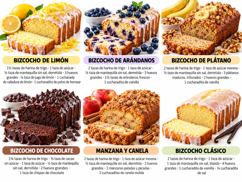 Una variedad de seis bizcochos de molde cada uno con un corte que muestra su interior decorados con sus ingredientes cla