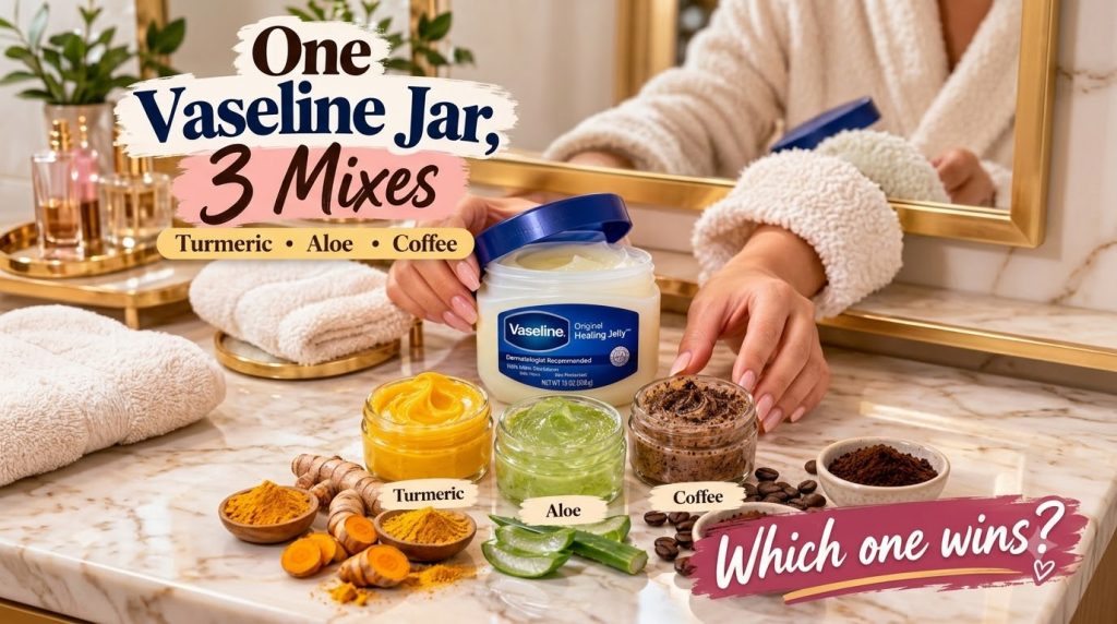 A person s hands holding an open jar of Vaseline Original Healing Jelly with three small glass jars below containing tur