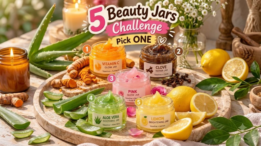 Five small glass jars each containing a different natural beauty product with raw ingredients like turmeric cloves rose