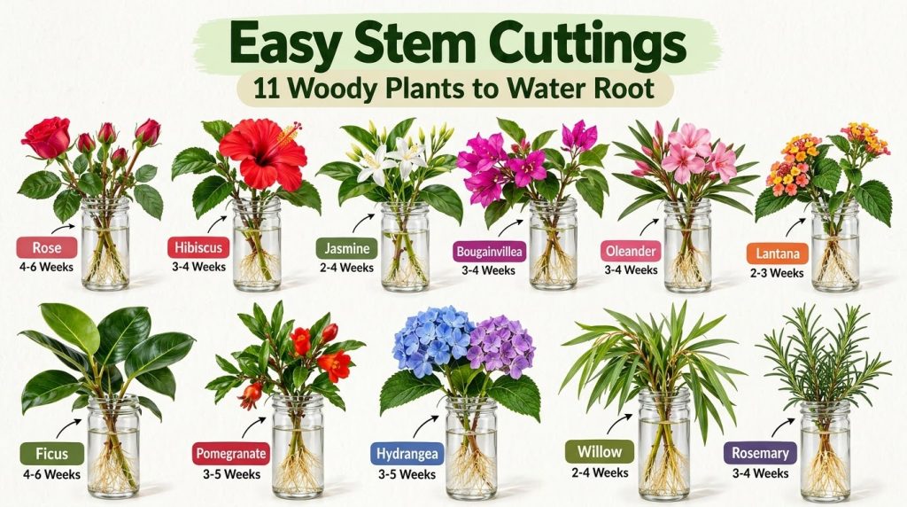 A collection of 11 different woody plant stem cuttings each with roots forming in clear water inside glass jars arranged