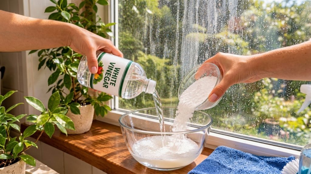 Hands mixing white vinegar and white powder cornflour in a clear glass bowl on a sunlit wooden windowsill