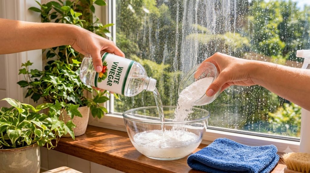 Two hands preparing a homemade cleaning solution with white vinegar and cornstarch on a sunlit windowsill