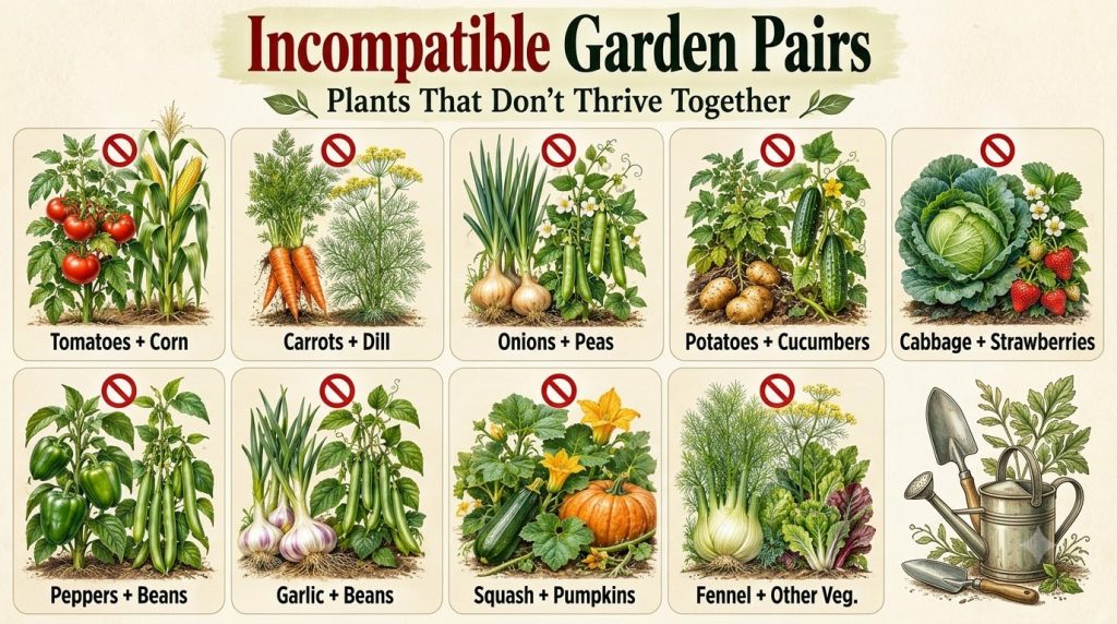 An infographic showing nine pairs of incompatible plants each pair illustrated within a frame with a red X The pairs inc