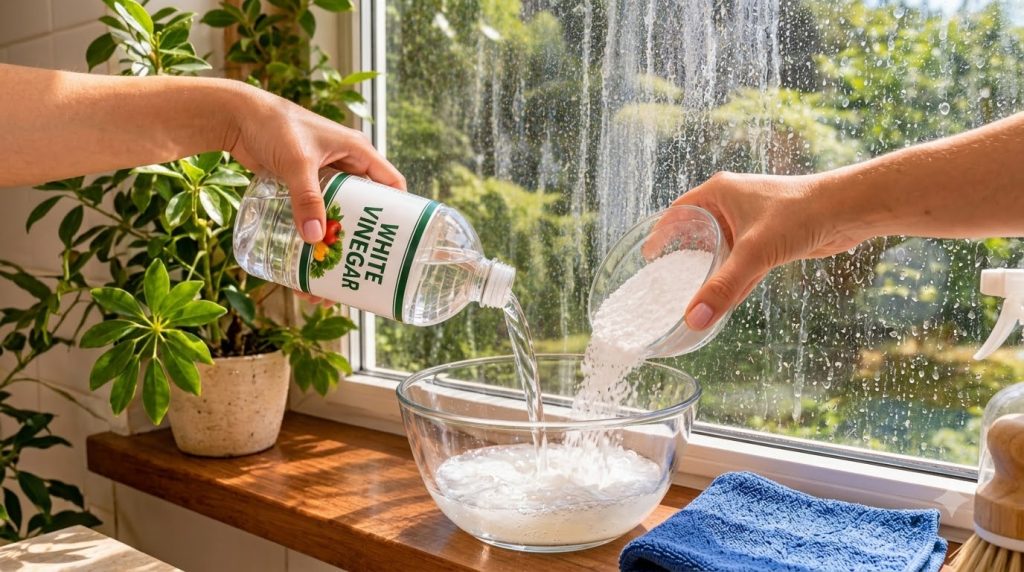 Hands mixing white vinegar and a white powdery substance cornflour in a clear glass bowl on a sunlit wooden windowsill A