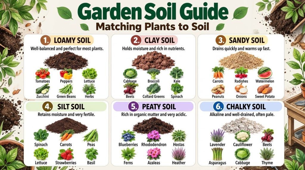 An infographic showing six different soil types each with a description and six plant illustrations that thrive in it Th