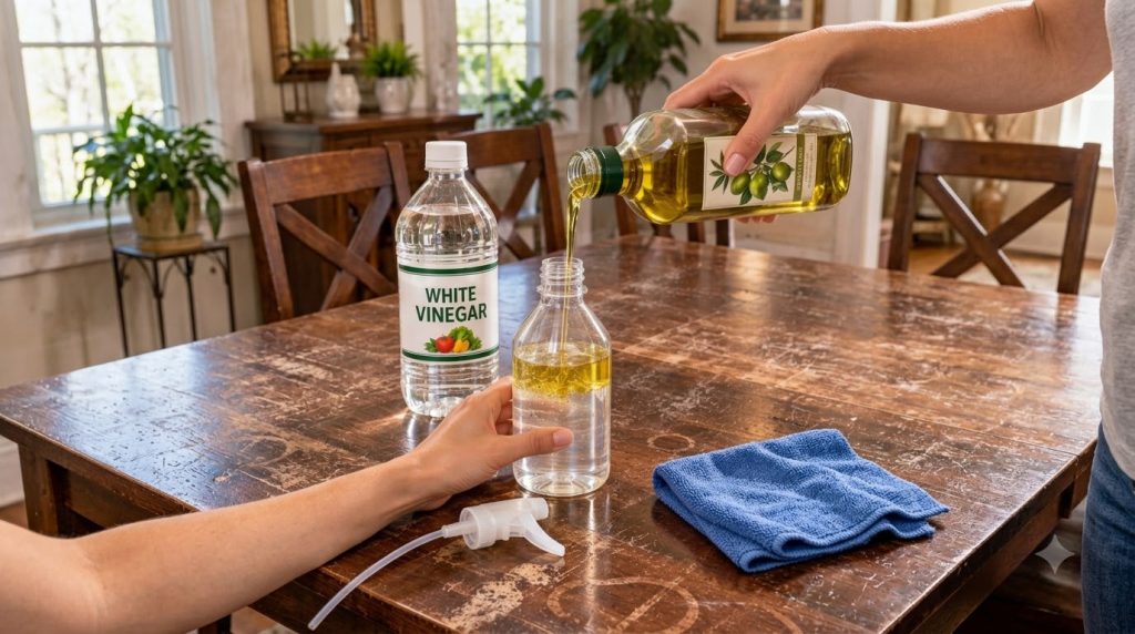Hands pouring olive oil into a spray bottle already containing water and white vinegar on a rustic wooden table with a m