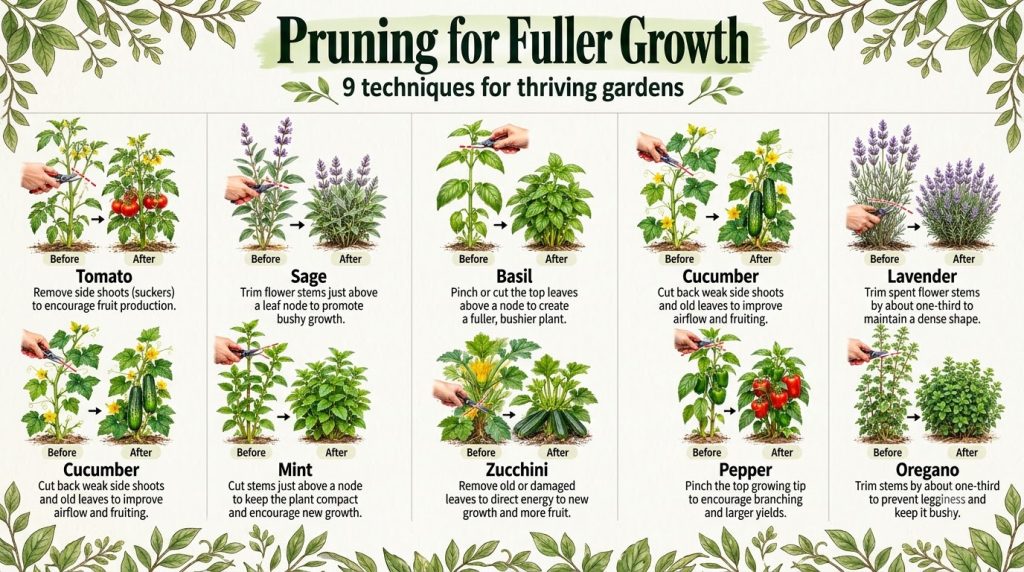 An infographic showing 9 different plants with illustrations of before and after pruning for each demonstrating how to p