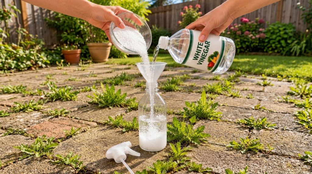 Hands pouring white vinegar and granular salt into a clear plastic bottle through a funnel with the bottle sitting on pa