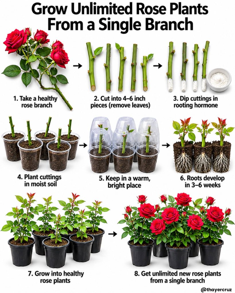 Eight-step infographic illustrating rose propagation showing a rose branch cuttings rooting hormone potted cuttings unde