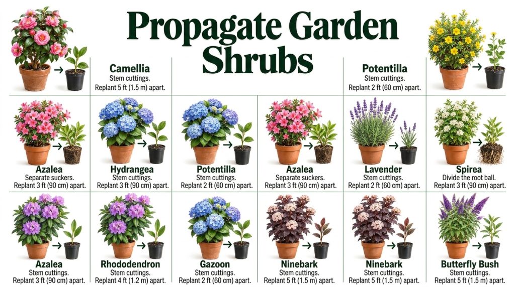 An infographic showing 9 different shrubs Rosemary Lavender Hydrangea Rose Raspberry Blueberry Boxwood Elderberry Rhodod