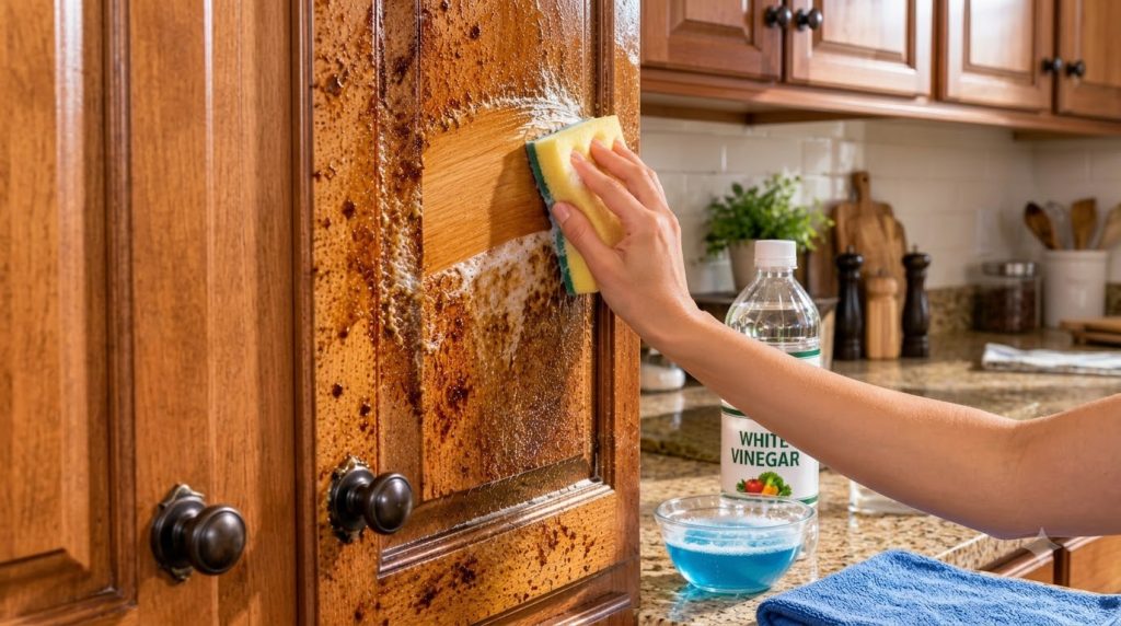 A person s hand with a sponge actively cleaning a heavily soiled wooden kitchen cabinet door showing water droplets and 