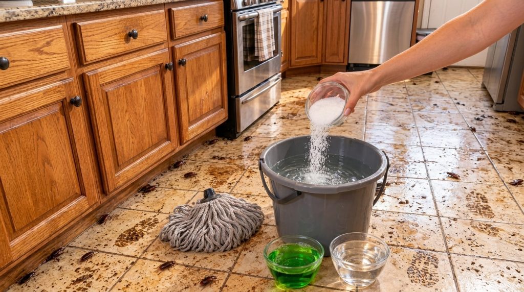 A hand pouring white granules from a bowl into a gray bucket of water with green and clear liquids in smaller bowls besi