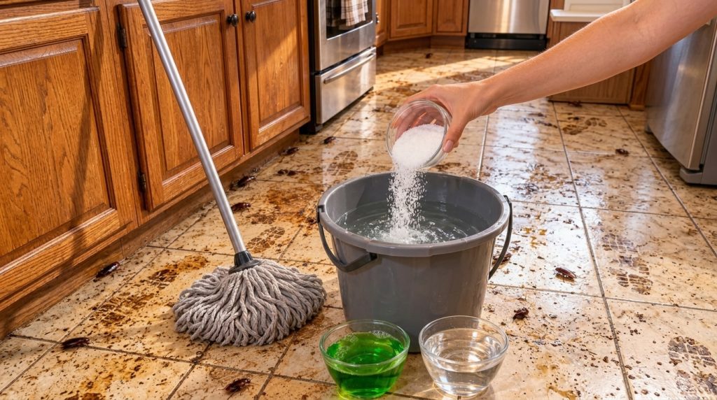 A close-up high-angle view of a dirty kitchen floor where a hand is pouring a white granular substance into a bucket of 