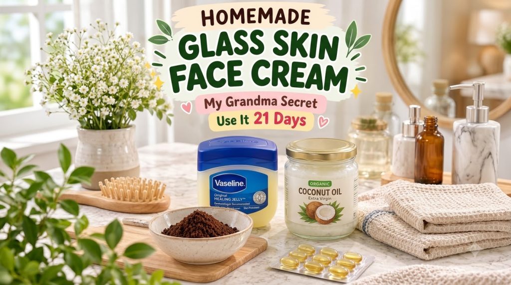 Flat lay of ingredients for a DIY face cream a jar of Vaseline a jar of organic coconut oil a blister pack of vitamin E 