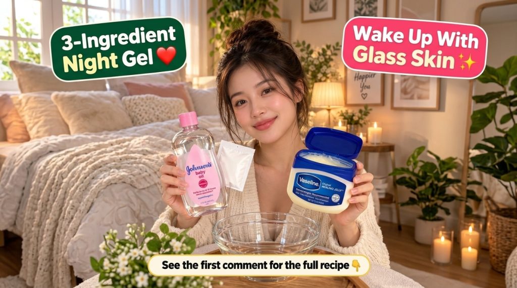 A smiling young woman holding a bottle of Johnson s baby oil and a tub of Vaseline Healing Jelly with a small sachet in 
