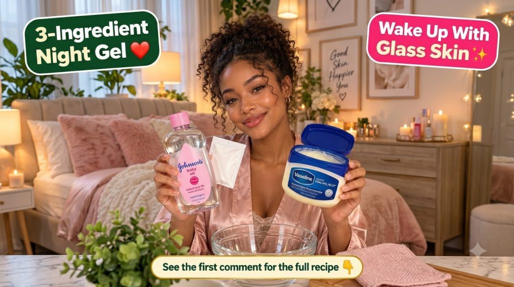 A smiling woman holding a bottle of Johnson s baby oil an open jar of Vaseline Healing Jelly and a small packet of rice 