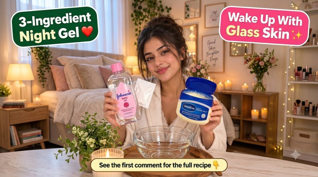A young woman in a soft bathrobe smiling holding a bottle of Johnson s baby oil and a jar of Vaseline In the foreground