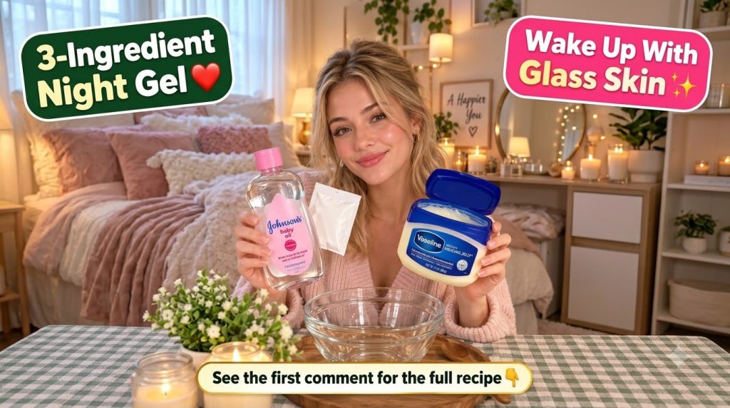 A young woman smiling holding Vaseline Original Healing Jelly Johnson s Baby Oil and a small white packet with a clear g