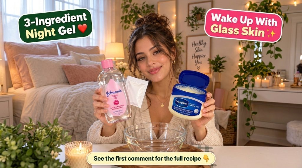 A smiling woman holding up a tub of Vaseline a bottle of Johnson s Baby Oil and a small packet of rice powder with an em