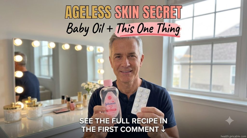 A smiling man holding a bottle of baby oil and a blister pack of skin-supporting capsules suggesting a beauty secret