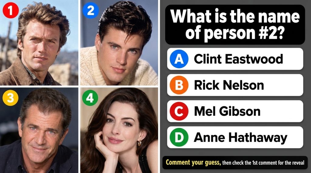 A portrait of Audrey Hepburn capturing her classic elegance as person 2 in a quiz card style