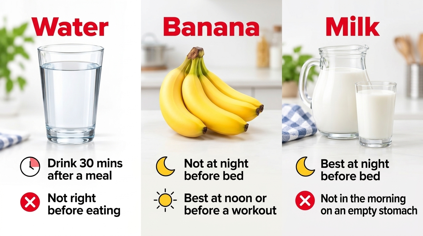 An infographic showing optimal timing tips for water bananas and milk with clear sections for each item