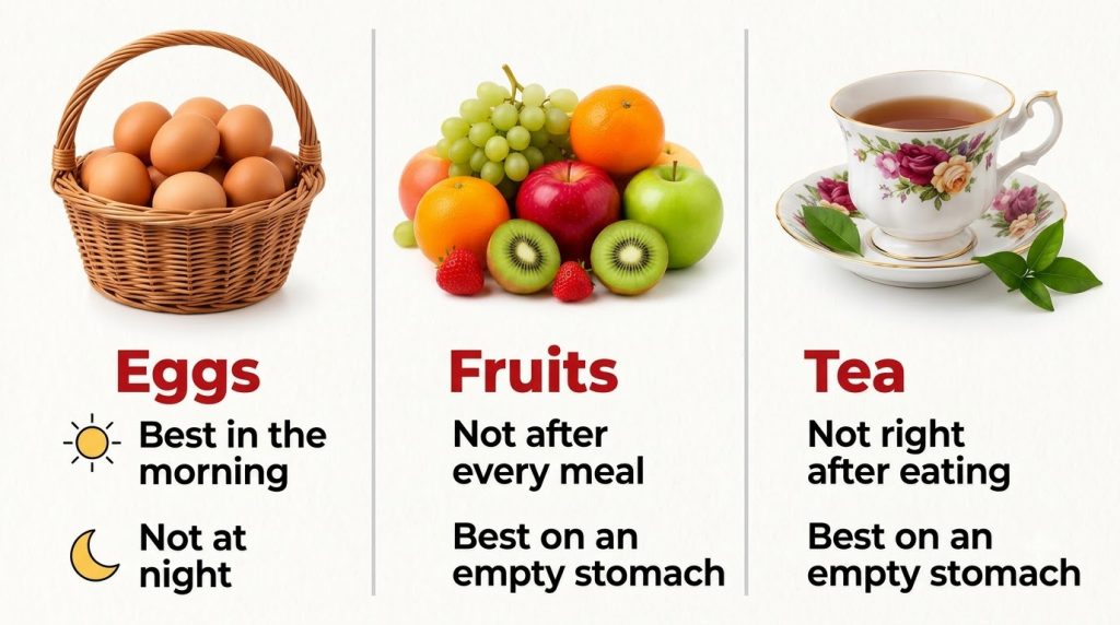 An infographic-style layout showing sections for Eggs Fruits and Tea each with a photograph and consumption tips The top