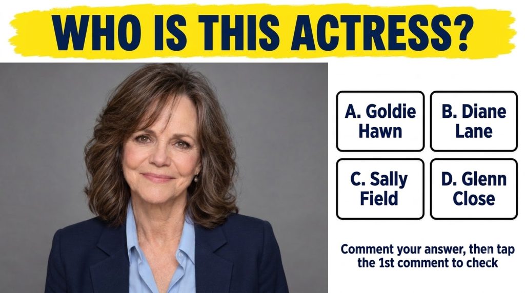 A mobile quiz card featuring a portrait of an older adult actress Sally Field against a plain grey background The headli