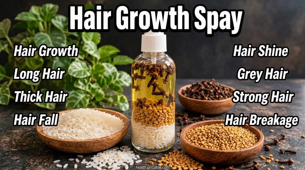 A clear spray bottle filled with a layered hair remedy featuring whole cloves floating on top of a yellowish liquid a mi