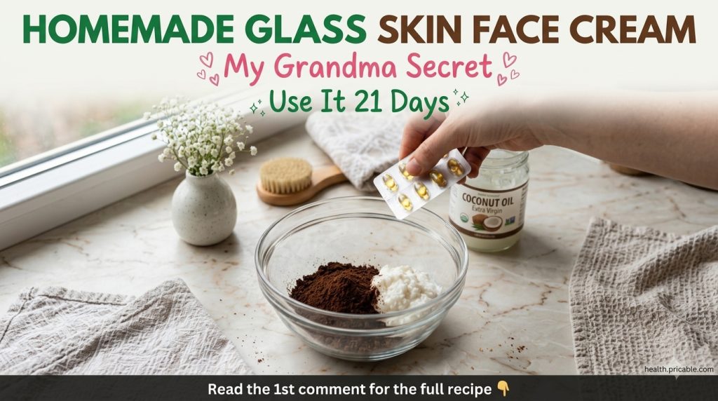 Ingredients for homemade glass skin face cream laid out on a marble counter featuring dark brown powder a white cream co