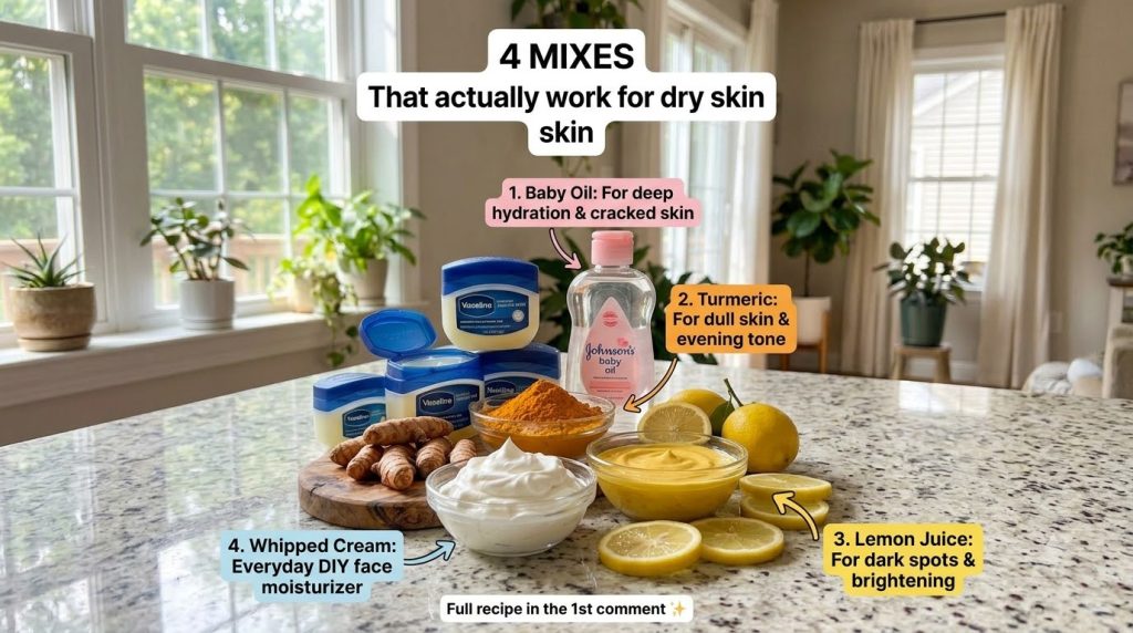 A flat lay of ingredients for dry skin remedies including Vaseline baby oil lemons and turmeric powder arranged neatly o