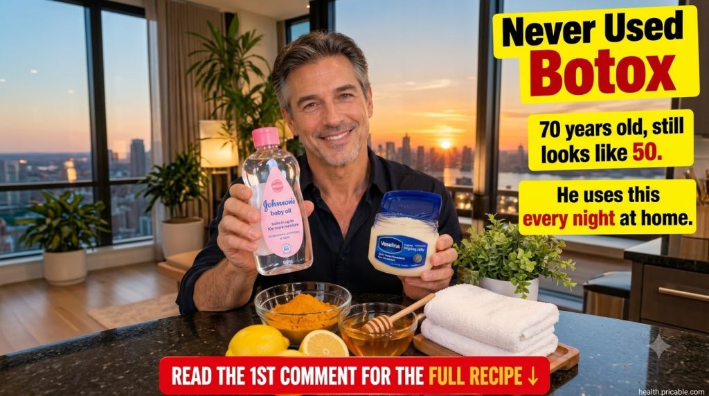 A man appearing younger than his age holding Vaseline products with turmeric honey and lemons on a table in front of him