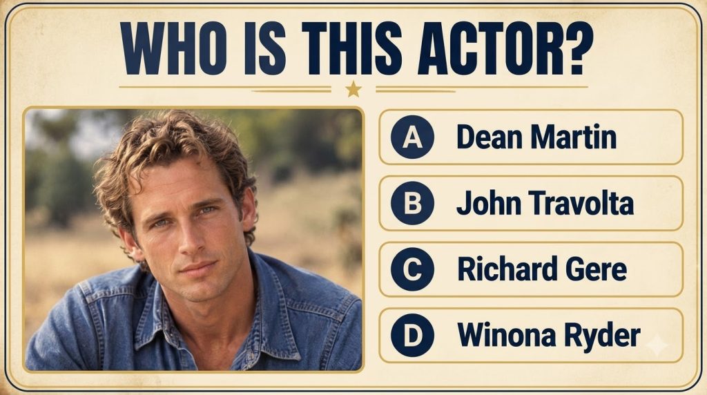 Quiz image showing four actors with actor 4 highlighted a younger man with curly brown hair in a denim shirt