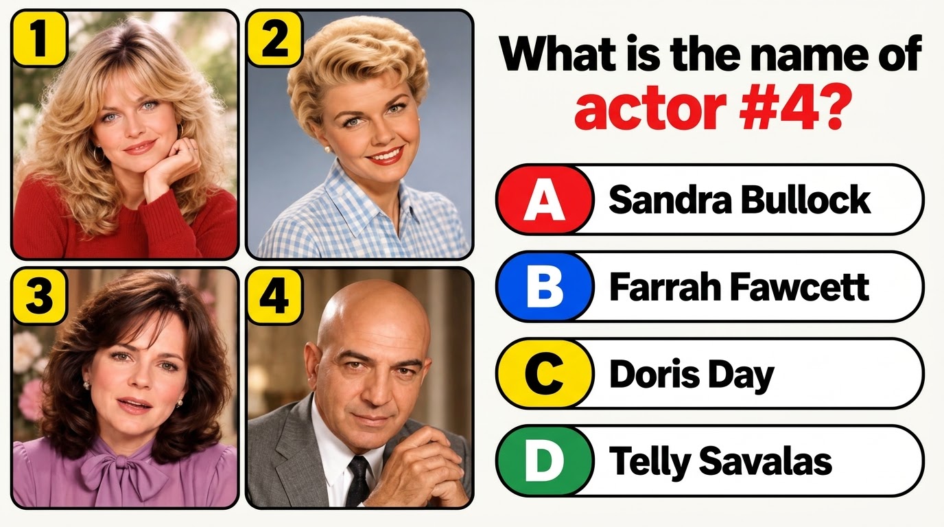 A multiple-choice quiz image with four portrait photos of classic Hollywood actors in a 2x2 grid featuring a bald man in