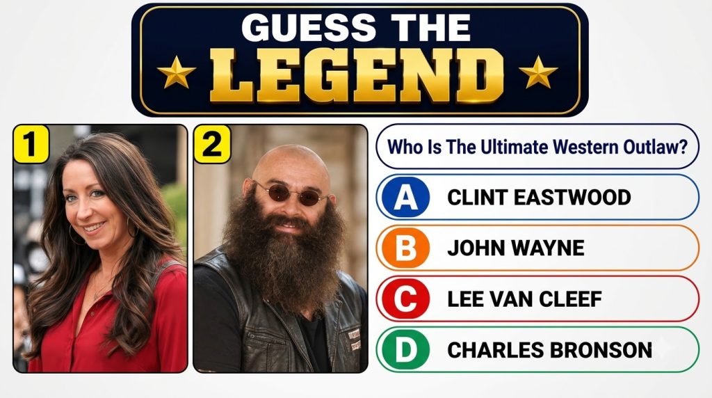 A quiz graphic titled GUESS THE LEGEND featuring two celebrity headshots and the question Who Is The Ultimate Western Ou