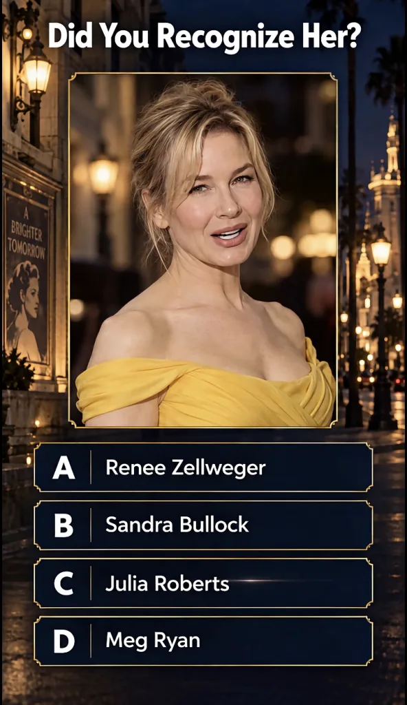 Portrait of Renée Zellweger in an elegant yellow gown at a formal event with the quiz question Did You Recognize Her vis