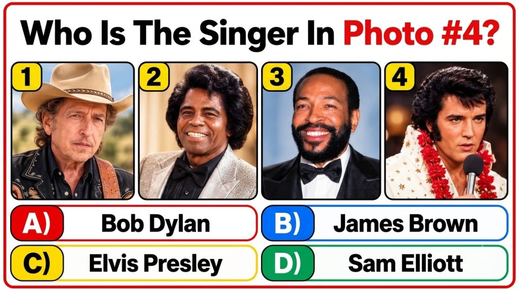 A multiple-choice quiz asking Who Is The Singer In Photo 4 showing headshots of Bob Dylan James Brown Sam Elliott and El