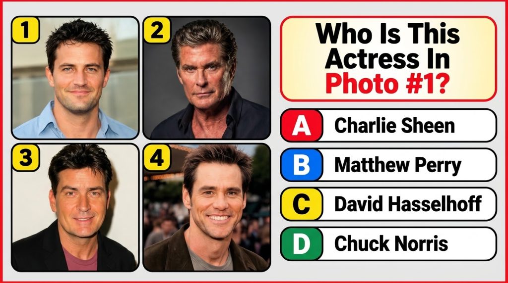 A multiple-choice quiz graphic showing a headshot of Matthew Perry as Actor 1 with options A B C D below