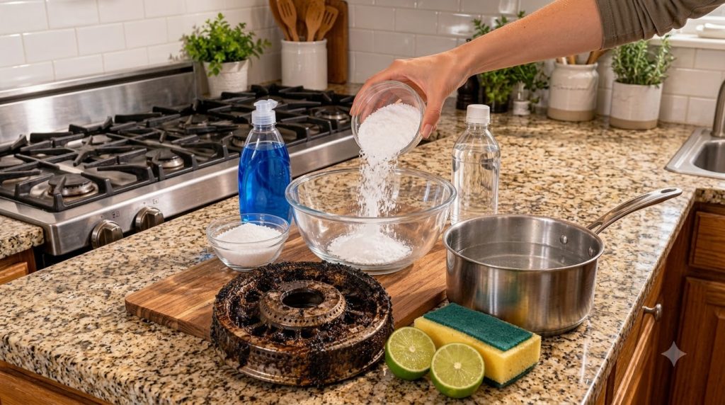 A hand pouring baking soda from a small glass bowl into a larger clear mixing bowl surrounded by ingredients like dish s